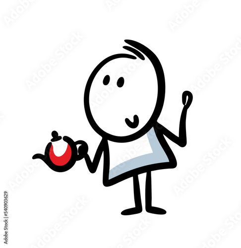 Pretty doodle stickman character with red teapot holding in hand.