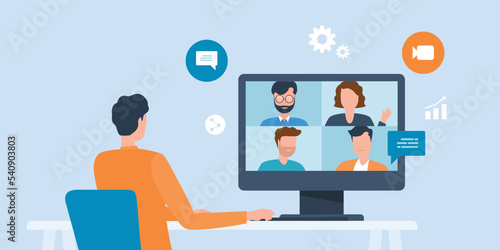 vector  business smart working with online video conference meeting concept and business team  working from anywhere with internet wireless technology.
 photo