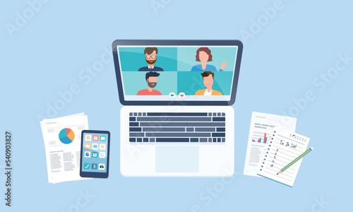 flat vector design smart working on laptop concept business team meeting and connect  from anywhere with online video conference technology concept
