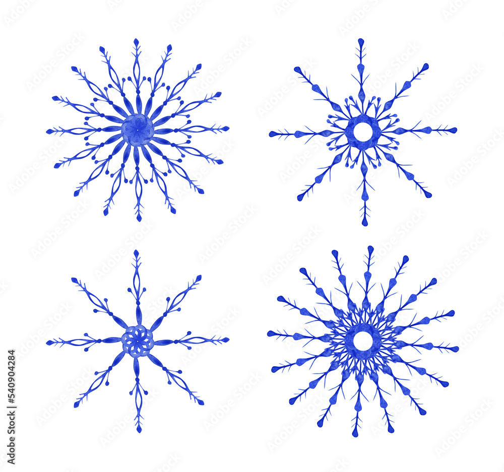 Obraz premium A set of 4 snowflakes are isolated on a white background. Watercolor snowflake clipart. Hand-painted blue Christmas objects. Cute snow art. Snowflakes collection.