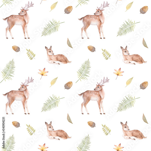 Watercolor seamless pattern with cartoon deer, acorns and fern leaves on a white background © dakora