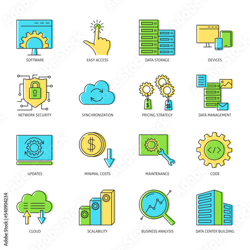 Computer software icon set in colored line style