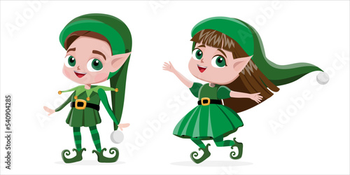 happy elf boy and elf girl on white background