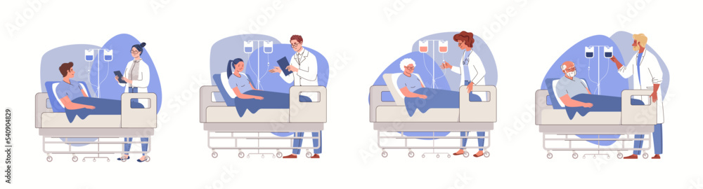 Collection of scenes with doctor and patient on intravenous drip in hospital room. Young and old men and women diagnosed with oncology. Medical procedures, chemotherapy. Vector character illustration. Collection of scenes with doctor and patient on intravenous drip in hospital room. Young and old men and women diagnosed with oncology. Medical procedures, chemotherapy. Vector character illustration.