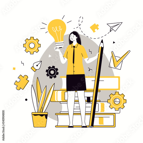 Design, build and create something new. Researchers and developers come up with and test out-of-the-box ideas and solutions. Creative thinking concept. Vector characters flat cartoon illustration.