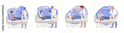 Collection of scenes with doctor and patient on intravenous drip in hospital room. Young and old men and women diagnosed with oncology. Medical procedures, chemotherapy. Vector character illustration.