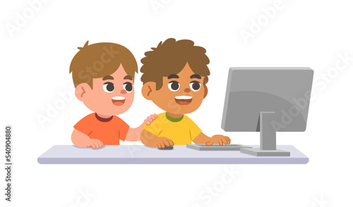 a white boy and a black boy using the computer on the desk,  illustration cartoon character vector design on white background. kid and education concept.