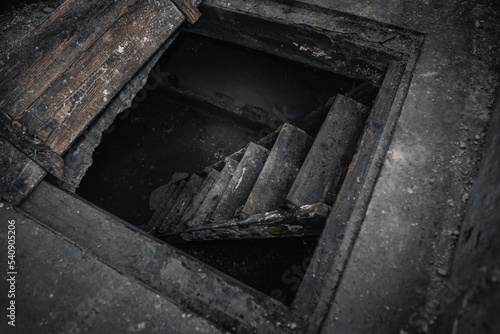 abandoned bomb shelter, descent into a dark shelter.