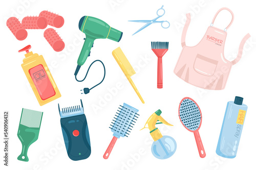 Barbershop accessories cute elements isolated set. Collection of curlers, hairdryer, comb, apron, shampoo, razor, cosmetics for styling, hairdresser tools. Illustration in flat cartoon design