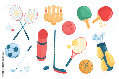 Sport accessories cute elements isolated set. Collection of equipment for playing tennis, badminton, bowling, football, volleyball, golf, hockey, yoga. Illustration in flat cartoon design