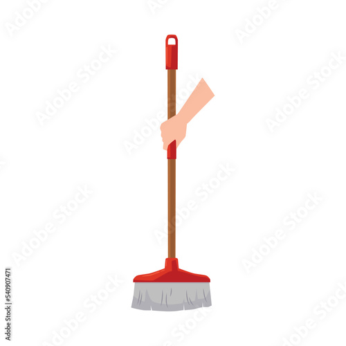 Hand holds wooden broom with brush, flat vector illustration isolated on white background.