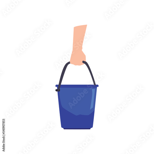 Human hand holding blue plastic water bucket flat style, vector illustration