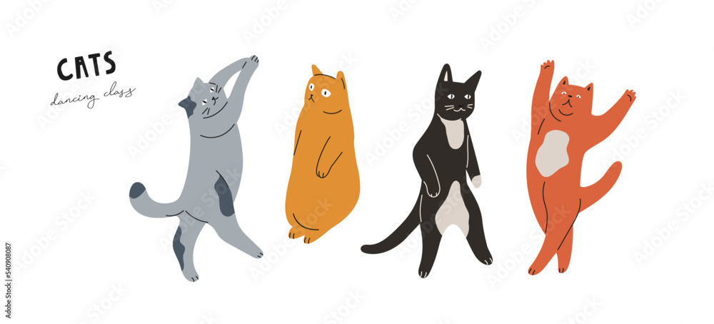 Hand drawn dancing cats isolated on white background. Cute vector illustration.