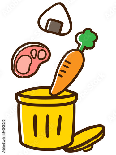 食材がゴミ箱に捨てられている様子の手書きデフォルメイラスト