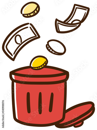 ゴミ箱に捨てられるお金の手書き風デフォルメイラスト