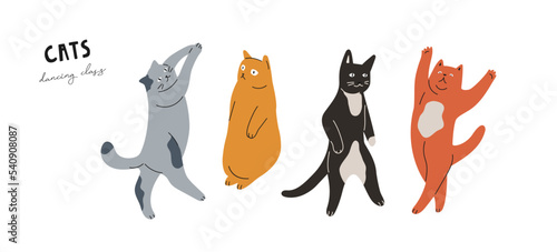 Hand drawn dancing cats isolated on white background. Cute vector illustration.