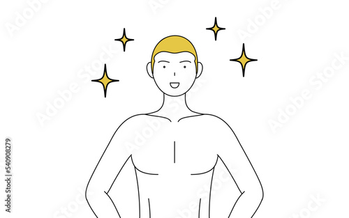 脱毛した男性の線画、腰に手を当てて胸を張るポーズ