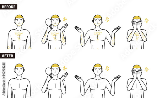 体毛が濃くて悩んでいる男性の線画ポーズセット、毛深くて困っているポーズ