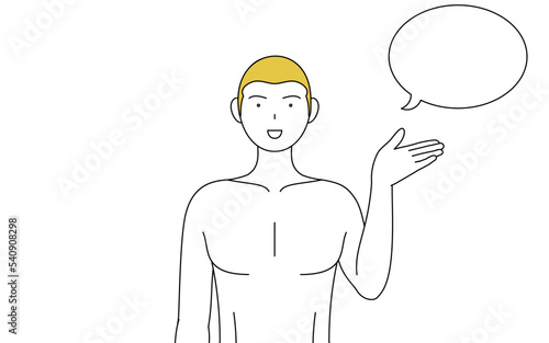 脱毛した男性の線画、手のひらを向けて話すポーズ