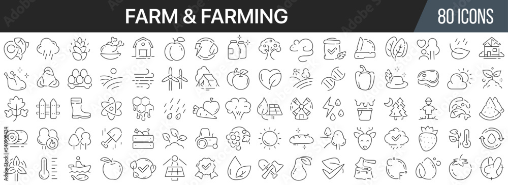 Farm and farming line icons collection. Big UI icon set in a flat ...