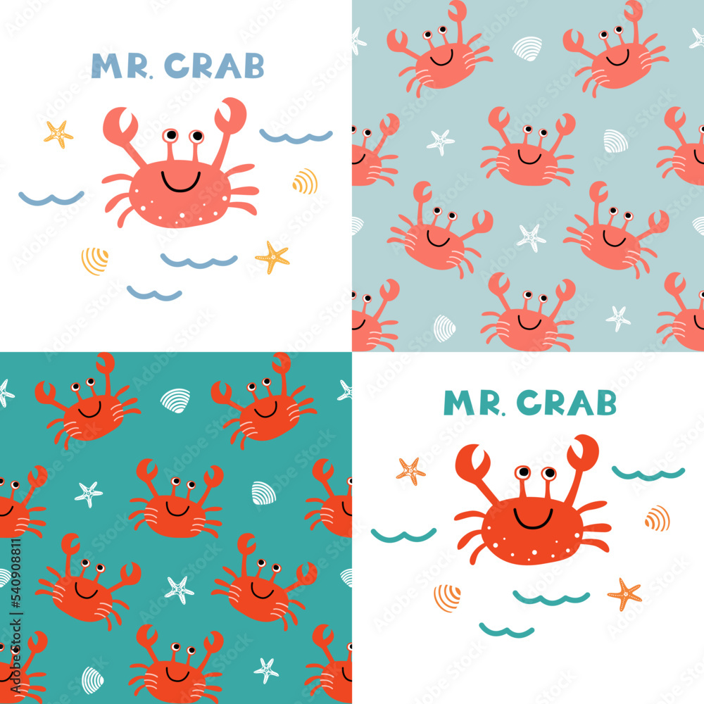 Vector children's illustration with red crab, shells and starfish on a white background and seamless patterns with crabs. Suitable for children's prints, wallpapers, wrapping paper, stationery, etc.