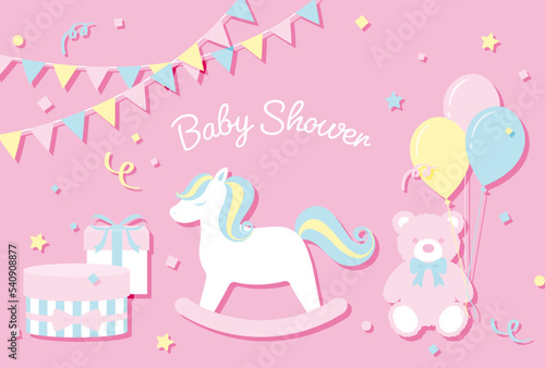 vector background with a rocking horse, teddy bear, balloons, gift boxes for banners, baby shower cards, flyers, social media wallpapers, etc.