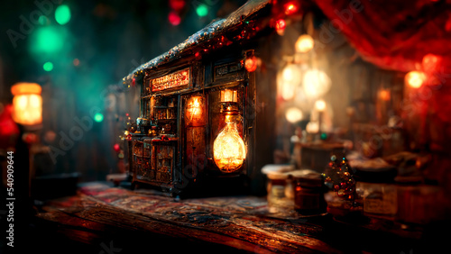 Merry Christmas and New Year holidays. 3d Illustration of Christmas on Blurred bokeh background