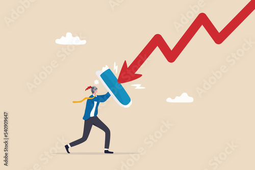 Fight with inflation or economic recession, protect wealth from crisis or bear market loss, insurance or safety for interest rate hike, businessman investor holding shield to protect from red arrow.