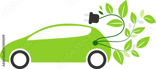 Green electric green car with charging cable