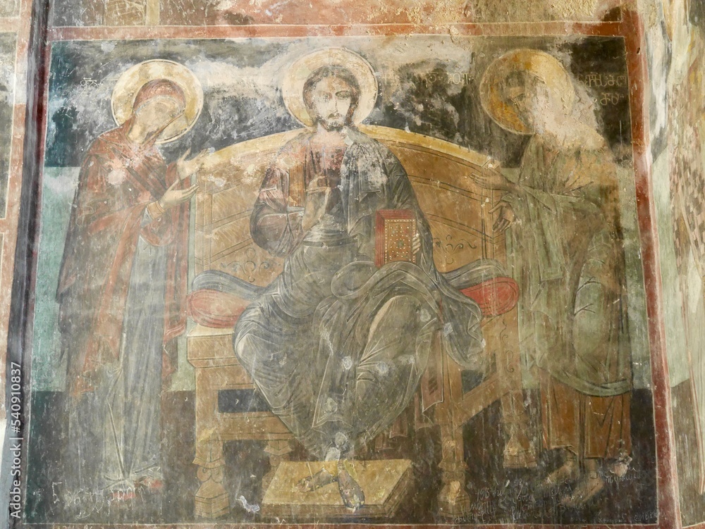 Old fresco wall dating from 16th century inside Gremi monastery, church of Archangels in Kakheti region, Georgia.