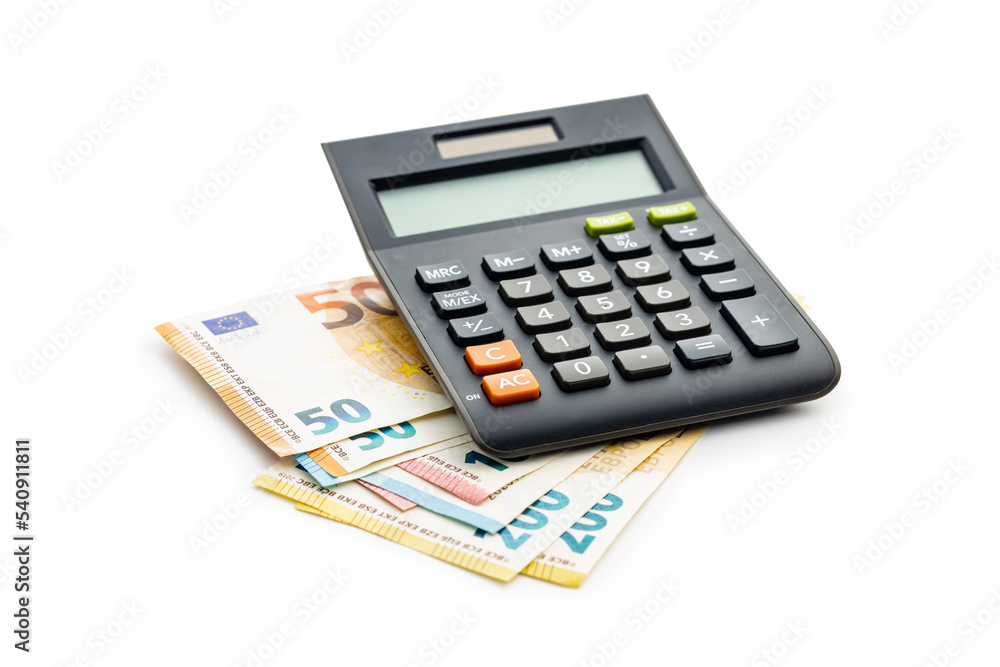 Calculator and euro paper banknotes money isolated on white background. Calculator and euro paper banknotes money isolated on white background.