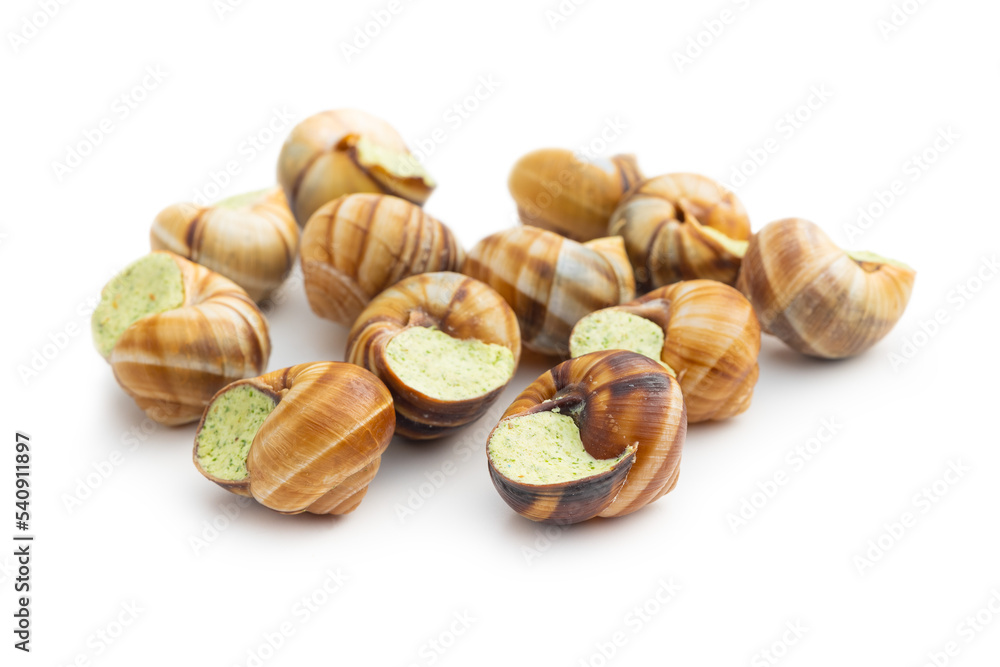 Snails with parsley butter, Bourgogne Escargot Snails  isolated on white background. Delikatese food.