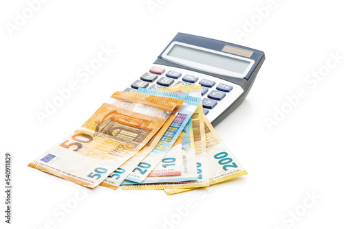 Calculator and euro paper banknotes money isolated on white background.