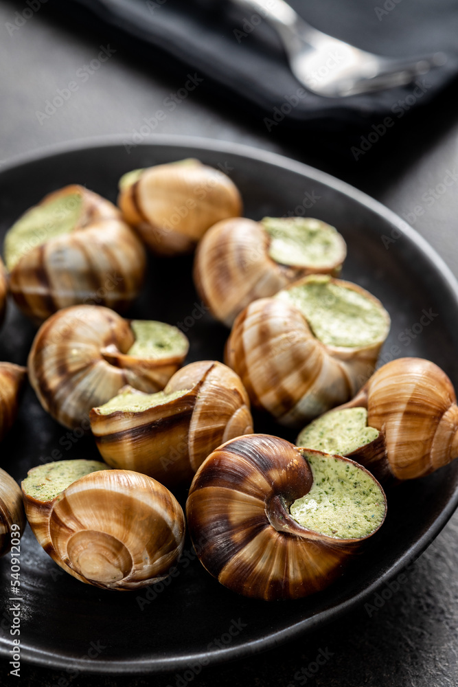 Snails with parsley butter, Bourgogne Escargot Snails on plate. Delikatese food. Snails with parsley butter, Bourgogne Escargot Snails on plate. Delikatese food.