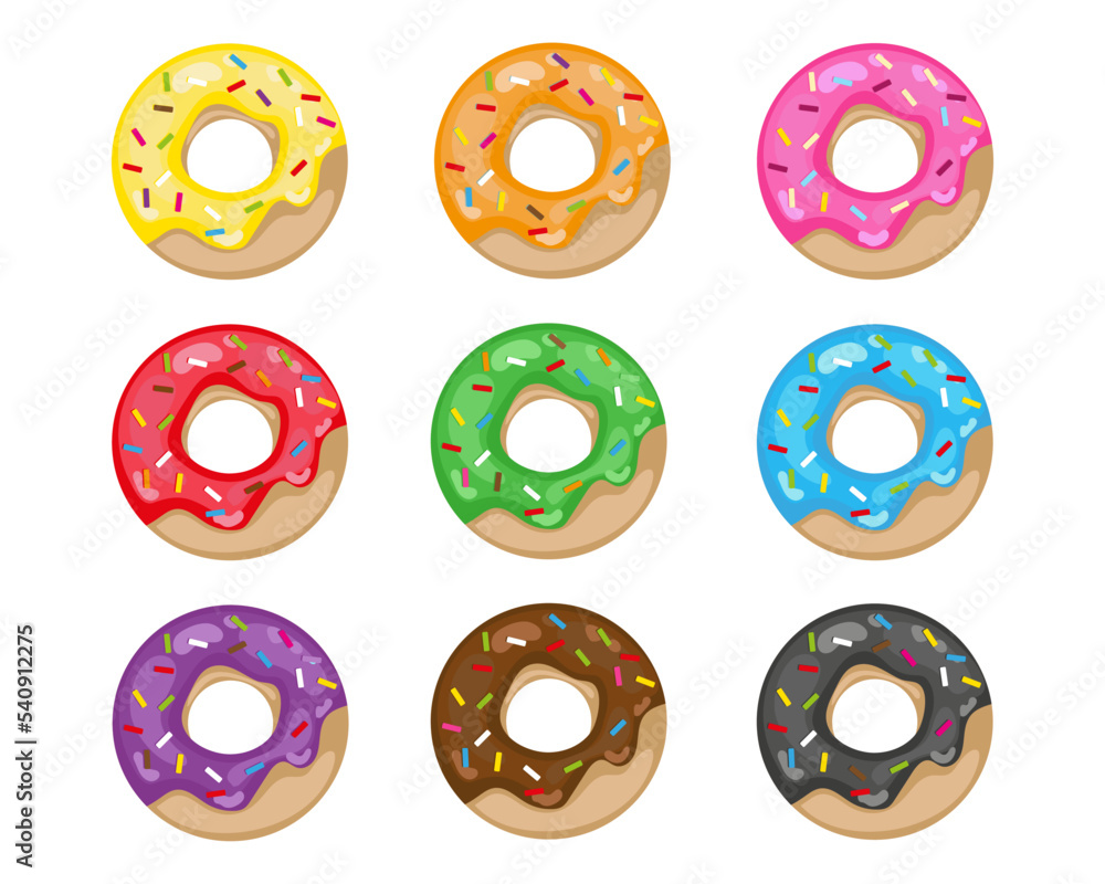 Donuts set cartoon style in different colors. Donuts to create worksheets,  games and stickers. Food clipart Stock Vector | Adobe Stock