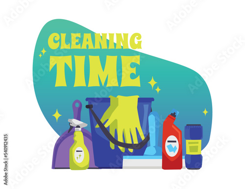 Banner about cleaning time flat style, vector illustration