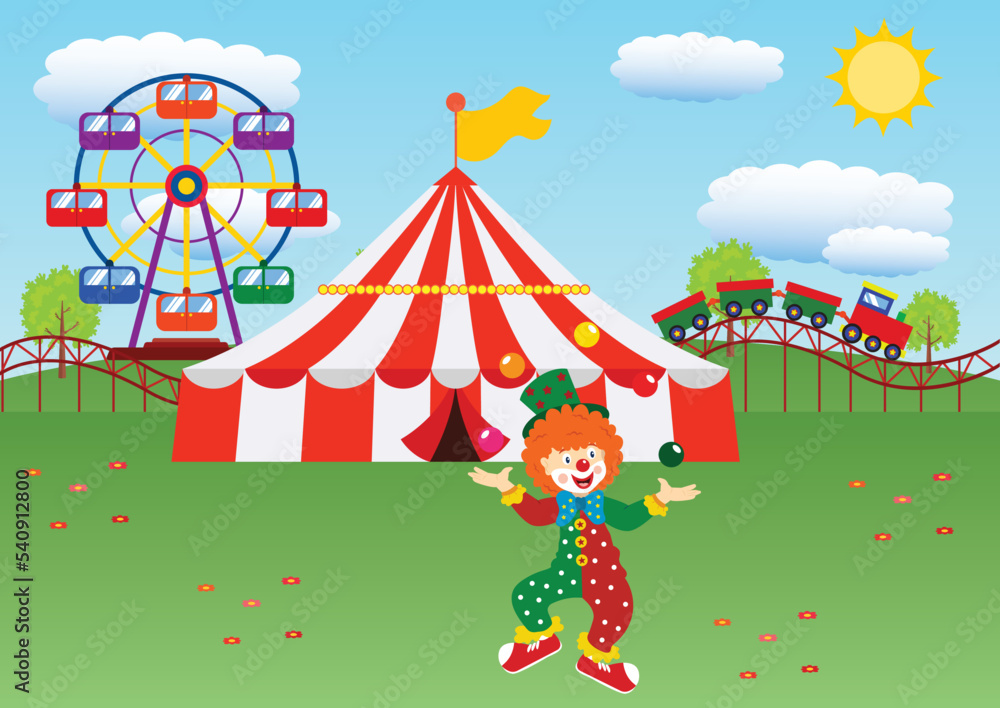 Cartoon Carnival. Cartoon Train, Cartoon Carnival Tent, Circus Wheel, Cartoon Clown Cartoon Carnival. Cartoon Train, Cartoon Carnival Tent, Circus Wheel, Cartoon Clown