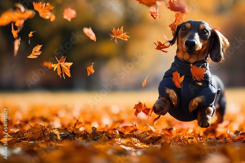 Dachshund dog playing with falling leaves in autumn park