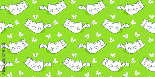 Vector seamless pattern with happy cute relaxing cat character on green color background with butterfly. Flat line art style design of seamless pattern with sleeping animal cat