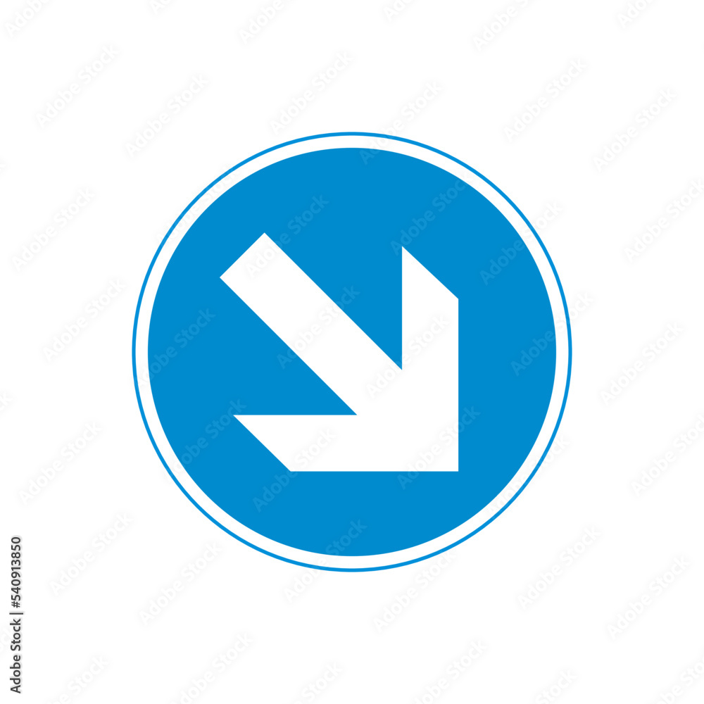 Road sign showing to the right direction on blue circle background. Road sign showing to the right direction on blue circle background.
