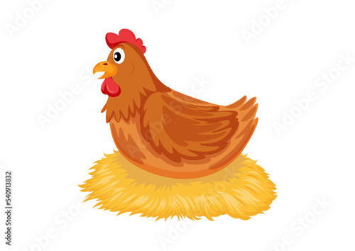 Cartoon hen incubating her eggs on nest of straw. Illustration of a hen sitting in a nest hatching eggs