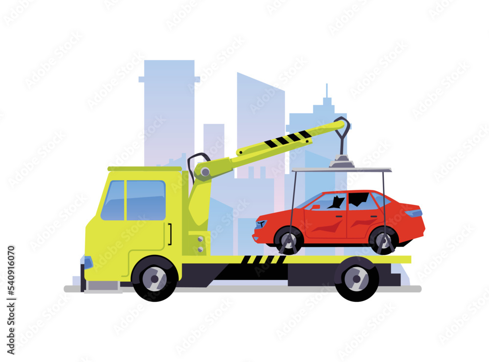 Tow truck lifting broken car after accident, flat vector illustration isolated on white background.