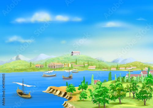 Ancient city by the sea illustration