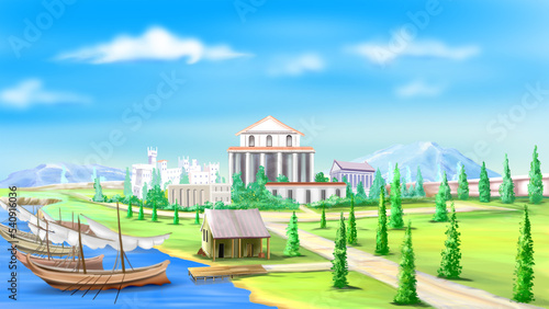 Sailboats in the port of the ancient city