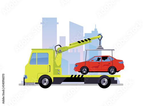 Tow truck lifting broken car after accident, flat vector illustration isolated on white background.