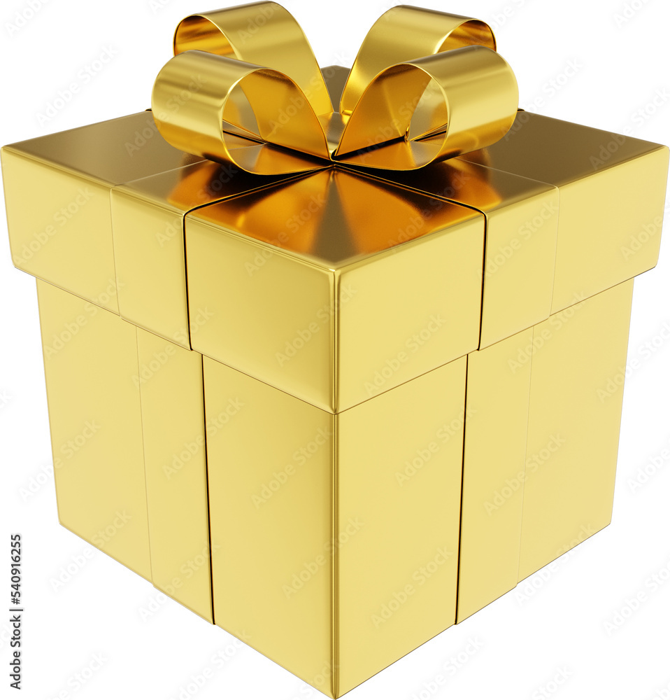 Realistic gold gift box with ribbon. 3D rendering. PNG Icon on ...