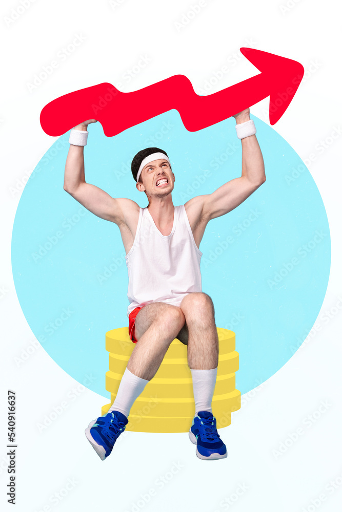 Collage 3d image of pinup pop retro sketch of purposeful sporty guy rising heave success arrow isolated painting background Collage 3d image of pinup pop retro sketch of purposeful sporty guy rising heave success arrow isolated painting background