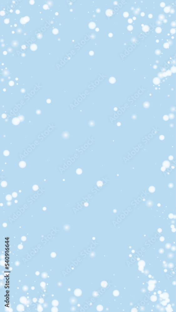 Beautiful snowfall christmas background. Subtle flying snow flakes and stars on light blue winter backdrop. Beautiful snowfall overlay template. Vertical vector illustration. Beautiful snowfall christmas background. Subtle flying snow flakes and stars on light blue winter backdrop. Beautiful snowfall overlay template. Vertical vector illustration.
