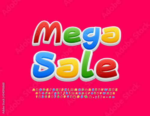 Vector advertising poster Mega Sale. Colorful 3D Font. Modern handwritten Alphabet Letters and Numbers. 