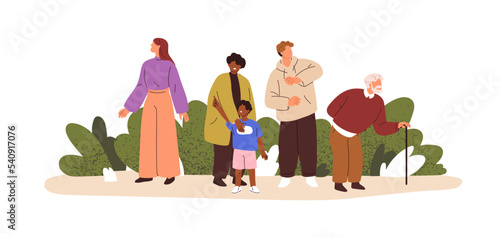 Scared frightened people looking up in fear of unknown future. Nervous anxious afraid society concept. Characters startled in anxiety. Flat graphic vector illustration isolated on white background